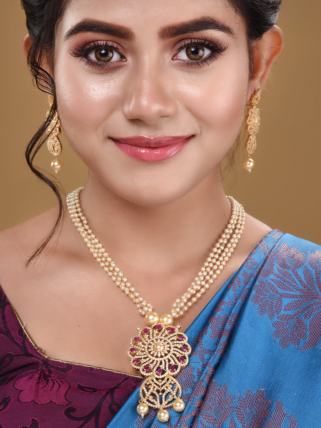 Gold Plated Red AD studded Floral Pendant Necklace Earrings Set